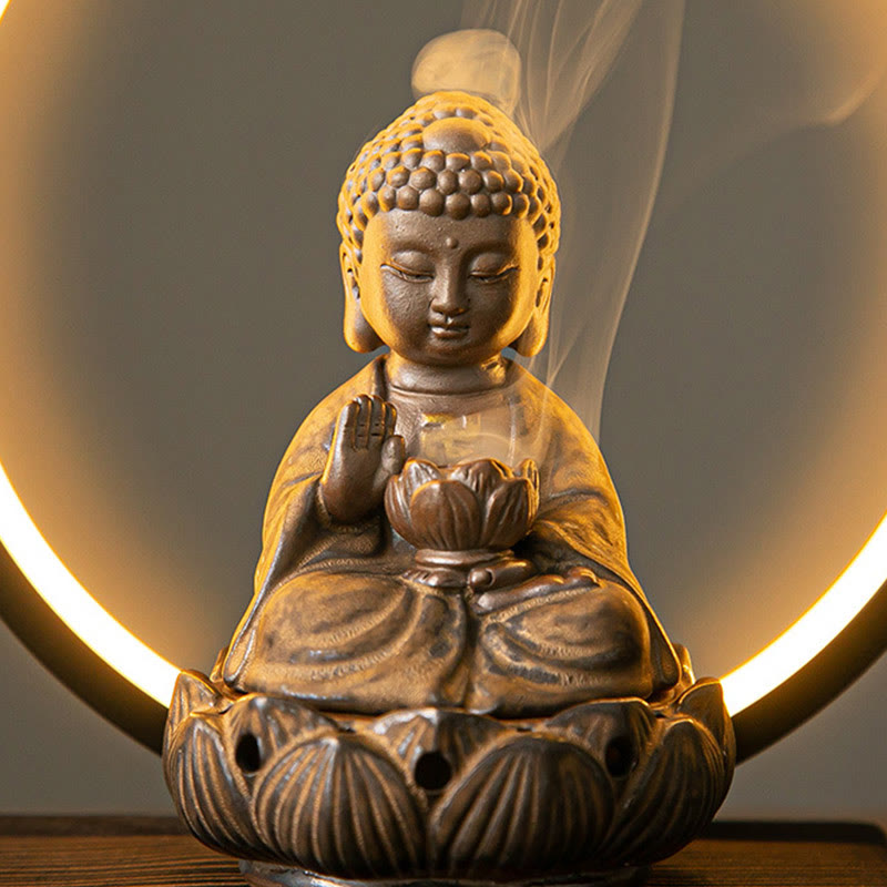 Buddha Lotus Rückfluss-Räuchergefäß aus Keramik mit Licht