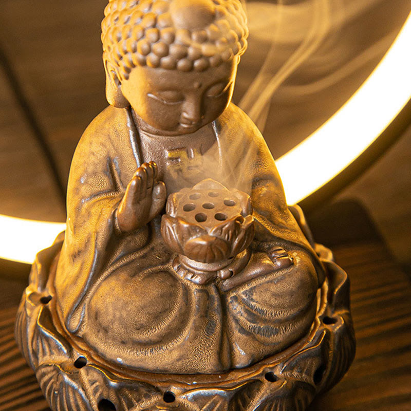 Buddha Lotus Rückfluss-Räuchergefäß aus Keramik mit Licht