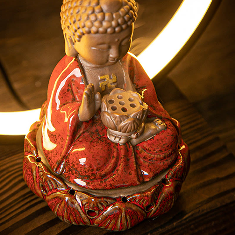 Buddha Lotus Rückfluss-Räuchergefäß aus Keramik mit Licht