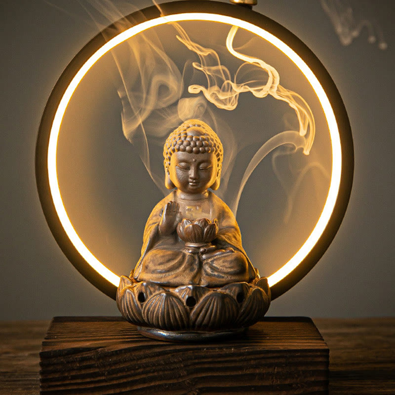 Buddha Lotus Rückfluss-Räuchergefäß aus Keramik mit Licht
