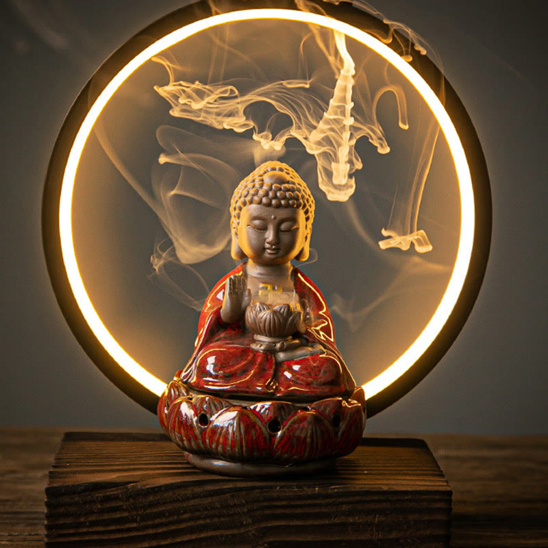 Buddha Lotus Rückfluss-Räuchergefäß aus Keramik mit Licht
