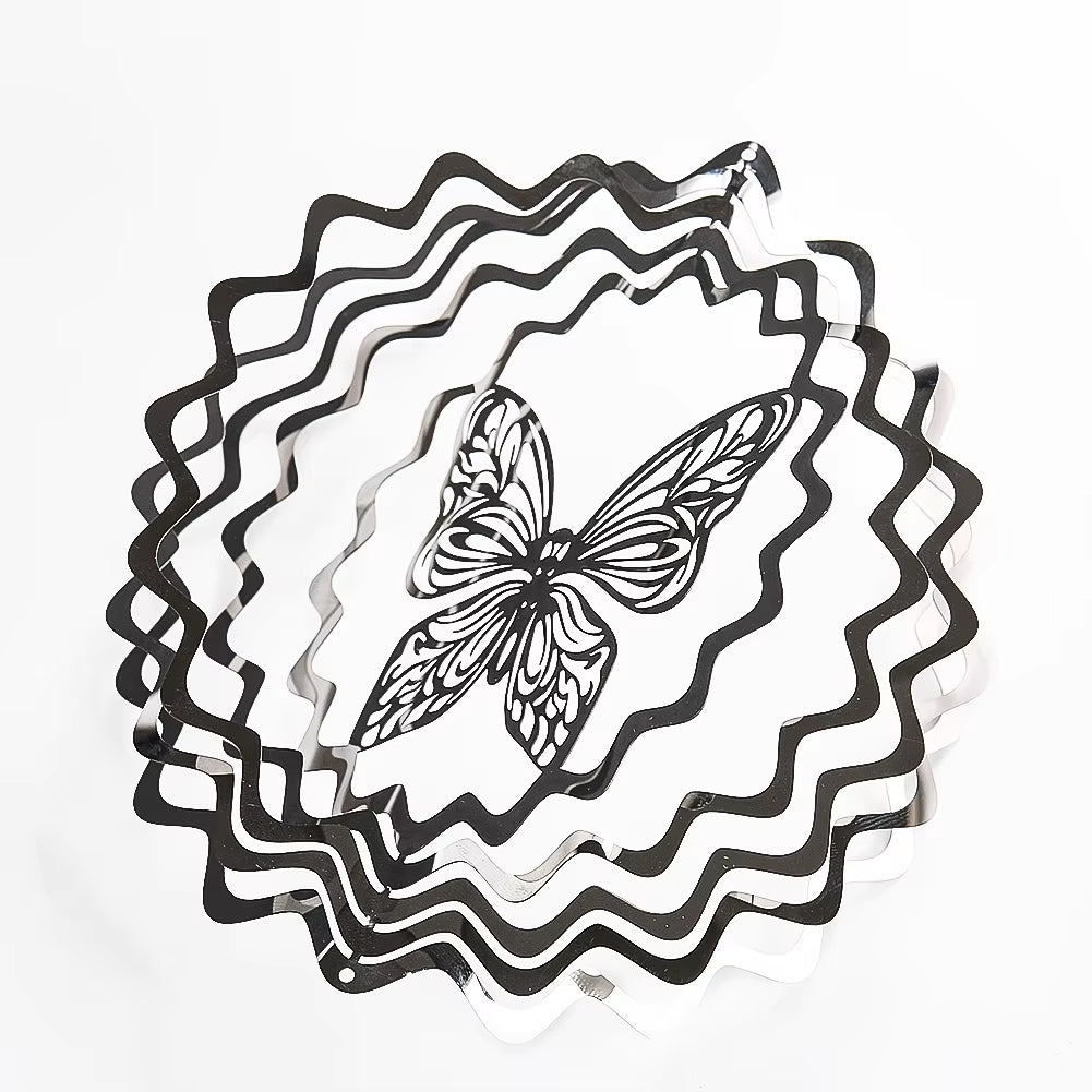 Butterfly drawing with wavy concentric circles in black ink for a garden wind spinner