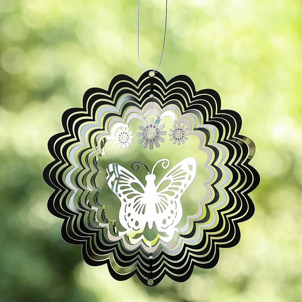 Butterfly Stainless Steel Kinetic Garden Spinner with floral design in scalloped circles