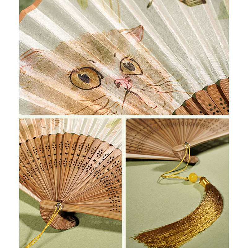 Silk Bamboo Folding Fan 21cm with Cat Butterfly Flowers Pattern