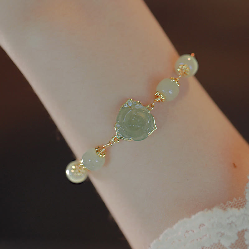 14K Gold Plated Hetian Jade Rose Flower Luck Bracelet