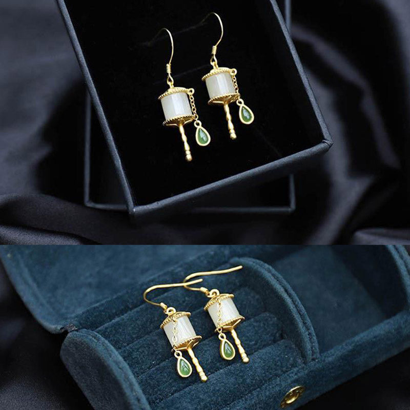 38mm Jade & 925 Sterling Silver Drop Earrings for Luck