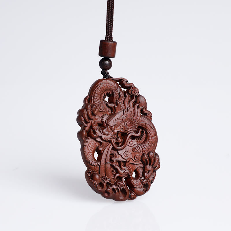 Lightning Struck Jujube Wood Double Dragon Protection Pendant