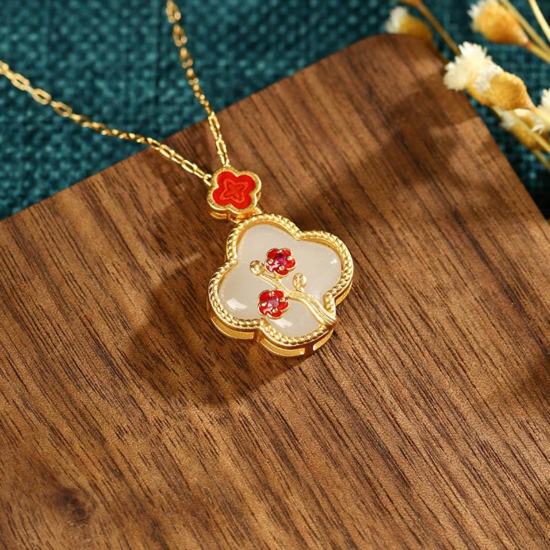 24K Gold Plated White Jade Luck Pendant Necklace & Earrings