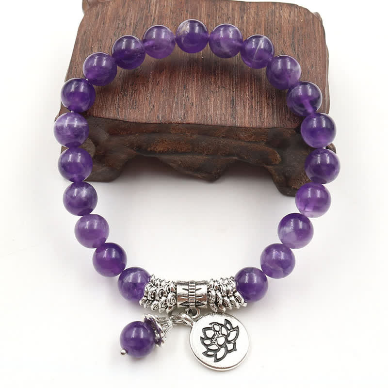 8mm Amethyst Healing Balance Bracelet with Lotus Symbol