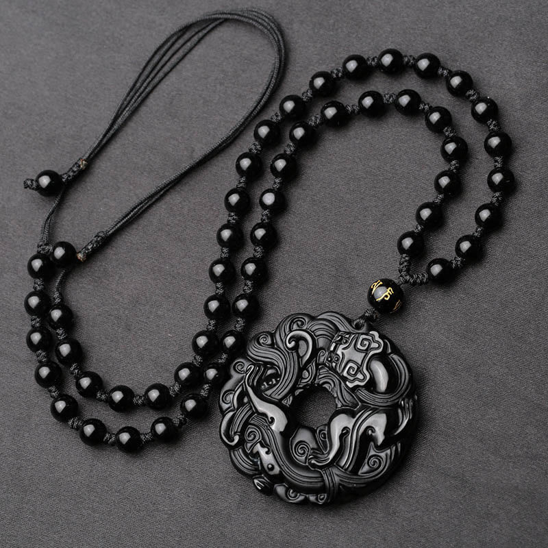 Black Obsidian Peace Buckle Pixiu Protection Necklace