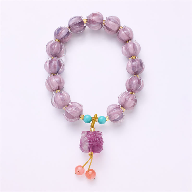 Unisex Fluorite Bracelet with Liuli Glass Beads & Dancing Lion Charm