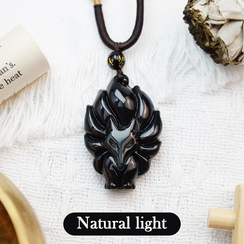 Natural Rainbow Obsidian Nine Tailed Fox Pendant