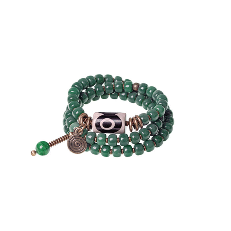 Unisex Cyan Bodhi Seed Dzi Bead Triple Wrap Bracelet