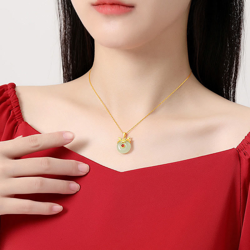 Dragon Zodiac Necklace | Sterling Silver with Hetian Jade & Red Agate