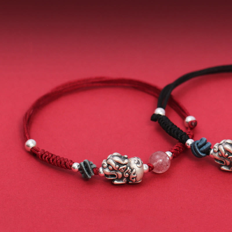 999 Sterling Silver PiXiu Strawberry Quartz Rose Quartz Bracelet for Wealth