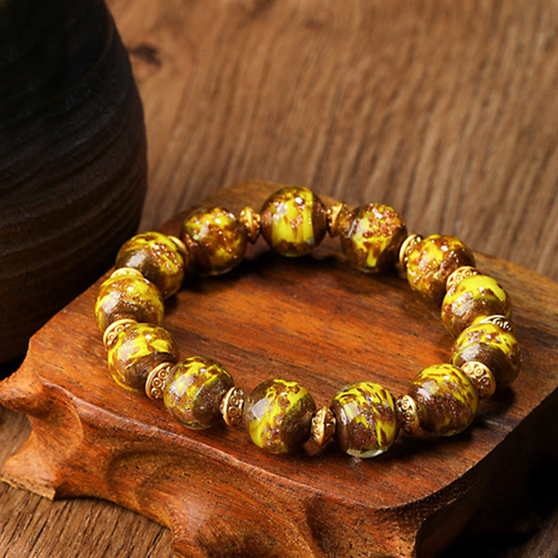 Gold Swallowing Beast Liuli Glass Bead Spiritual Bracelet 12mm