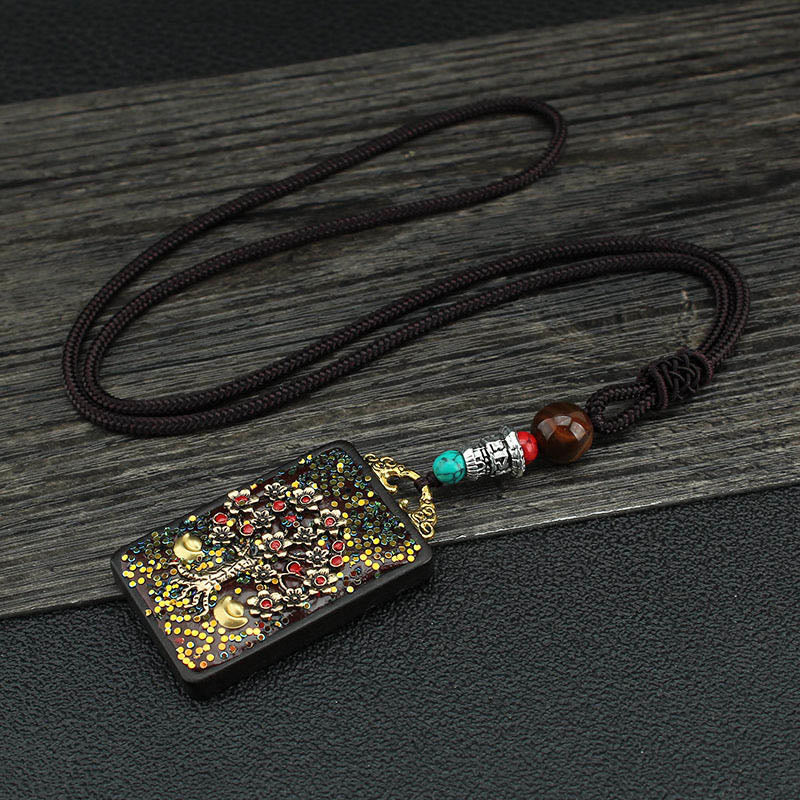 Ebony Spiritual Necklace with Wealth Gods & Golden Phoenix