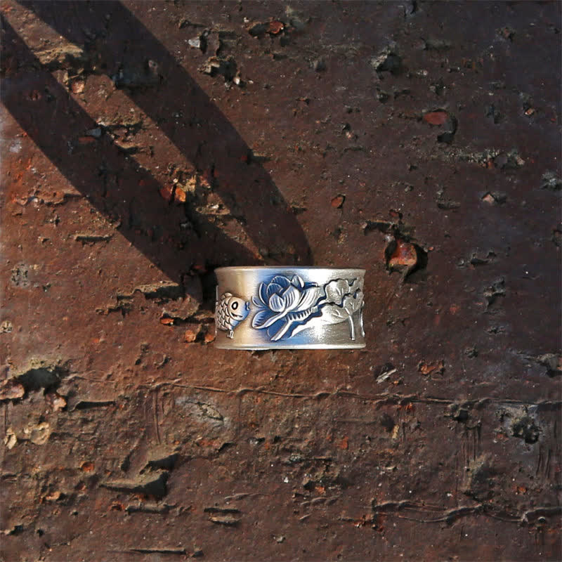 Sterling Silver Koi Fish Luck Ring 12mm Adjustable