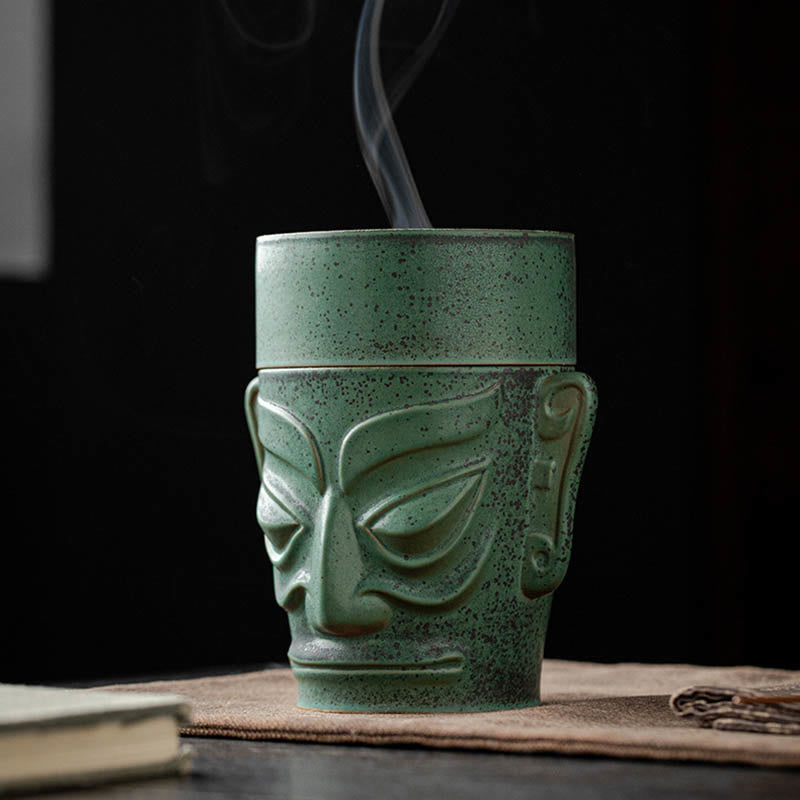 Sanxingdui Ceramic Incense Burner Inspired by Bronze Age Mask Meditation
