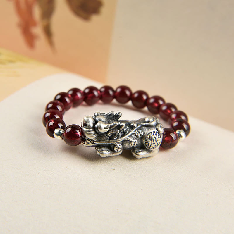 925 Sterling Silver Garnet PiXiu Wealth Ring for Protection