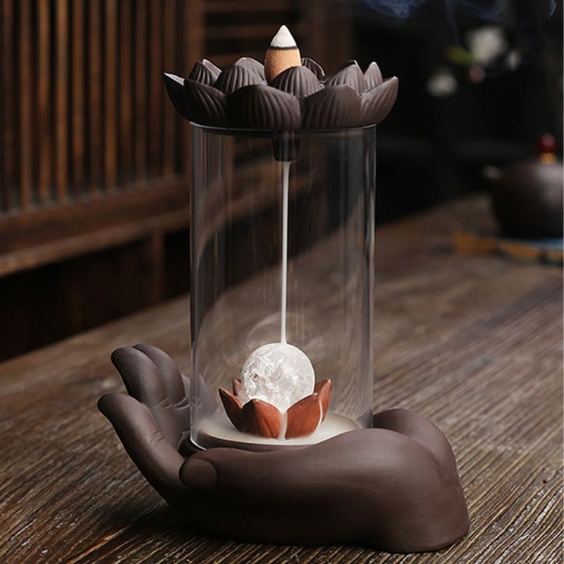 Lila Ton Buddha Hand Lotus Erleuchtung LED Licht Weihrauch Brenner