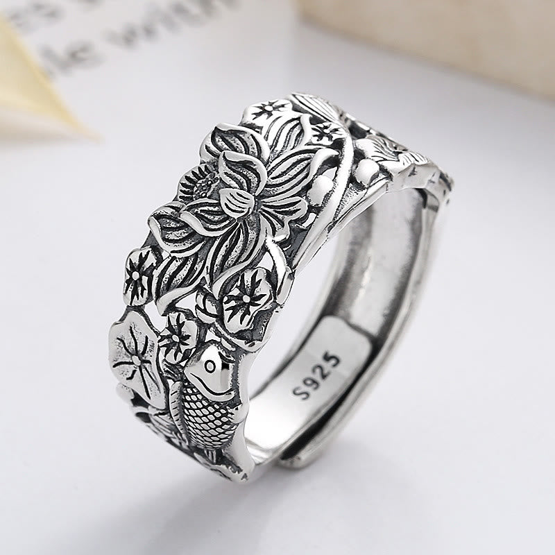 Adjustable Sterling Silver Koi Fish Lotus Prosperity Ring