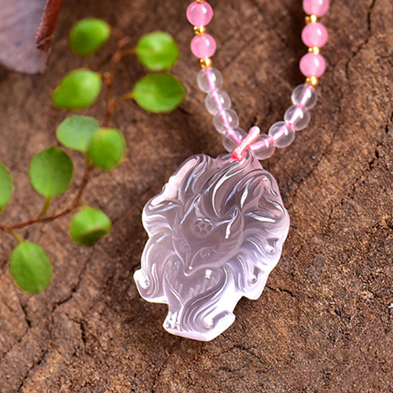Natural Pink Crystal Nine Tailed Fox Love Necklace