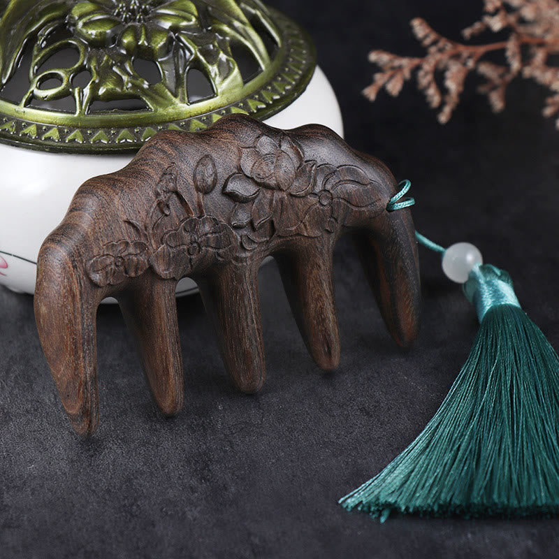Green Sandalwood Tassel Comb with Lotus & Koi Fish Symbols