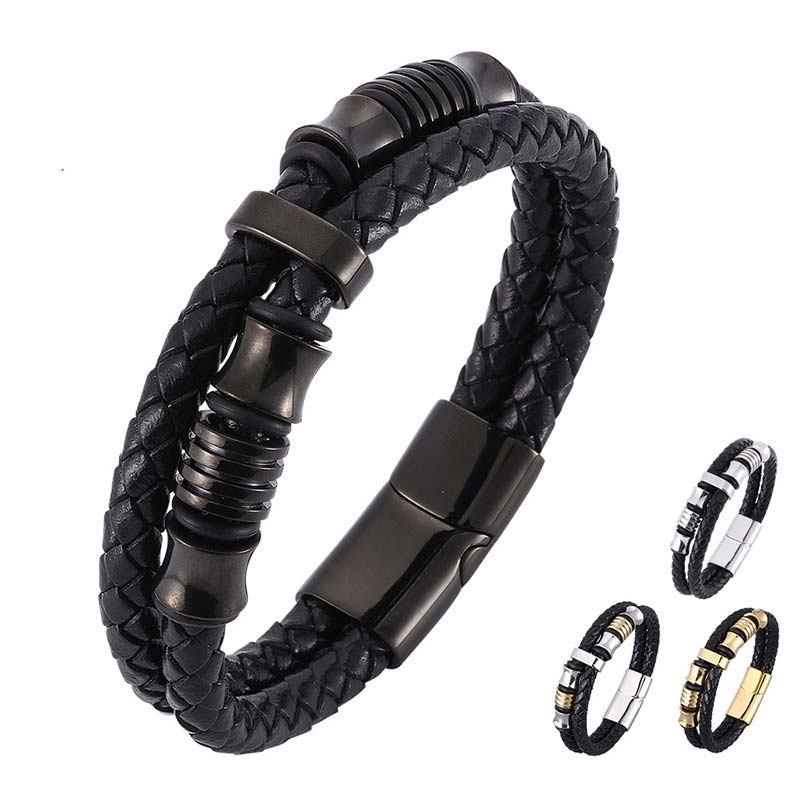 Layered Leather and Titanium Steel Spiritual Bracelet for Balance