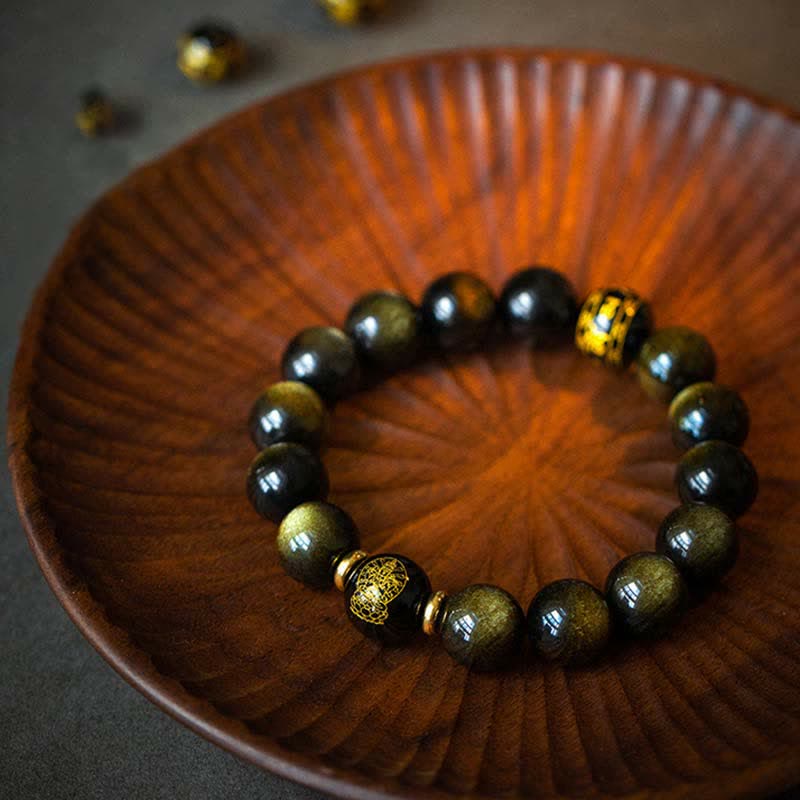 Goldglänzendes Obsidian-Schutzarmband mit chinesischem Sternzeichen, 12 mm