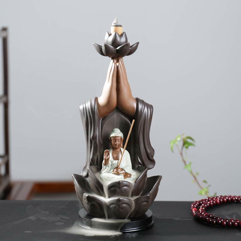 Ceramic Lotus Blessing Backflow Incense Burner with Buddha Deities
