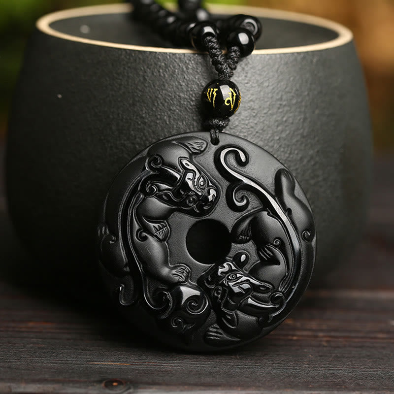 Black Obsidian Peace Buckle Pixiu Strength Necklace
