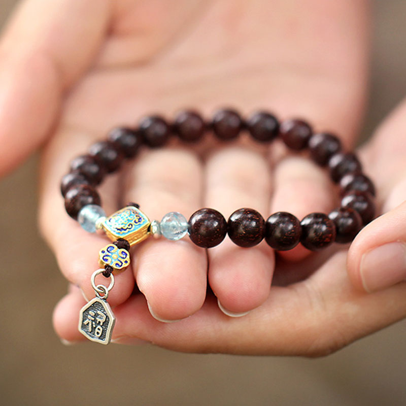 Aquamarine Bracelet with Red Sandalwood & 925 Silver Blessings