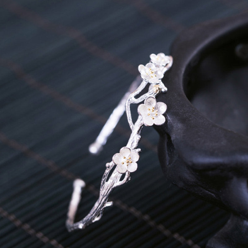 Sterling Silver Plum Flower Blessing Adjustable Spiritual Bracelet