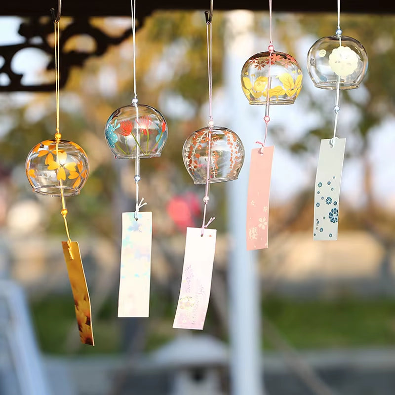 Japanese Glass Wind Chimes with colorful bells and hanging paper tags for outdoor decor