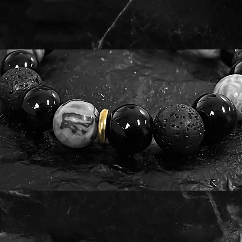 Schwarzes Obsidian-Lavastein-Yin-Yang-Armband für Stärke