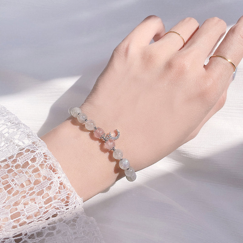 Strawberry Quartz & Moonstone Luck Moon Charm Bracelet