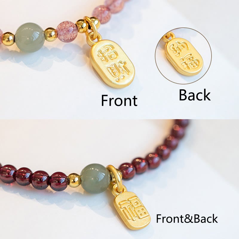 Natural Strawberry Quartz Garnet Jade Lucky Fortune Healing Bracelet