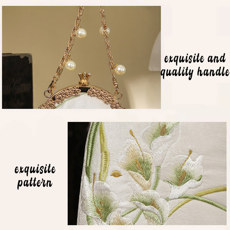 Umhängetasche mit Calla-Stickerei und Metallgriff, 15 cm