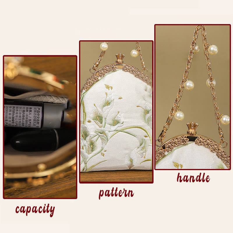 Umhängetasche mit Calla-Stickerei und Metallgriff, 15 cm