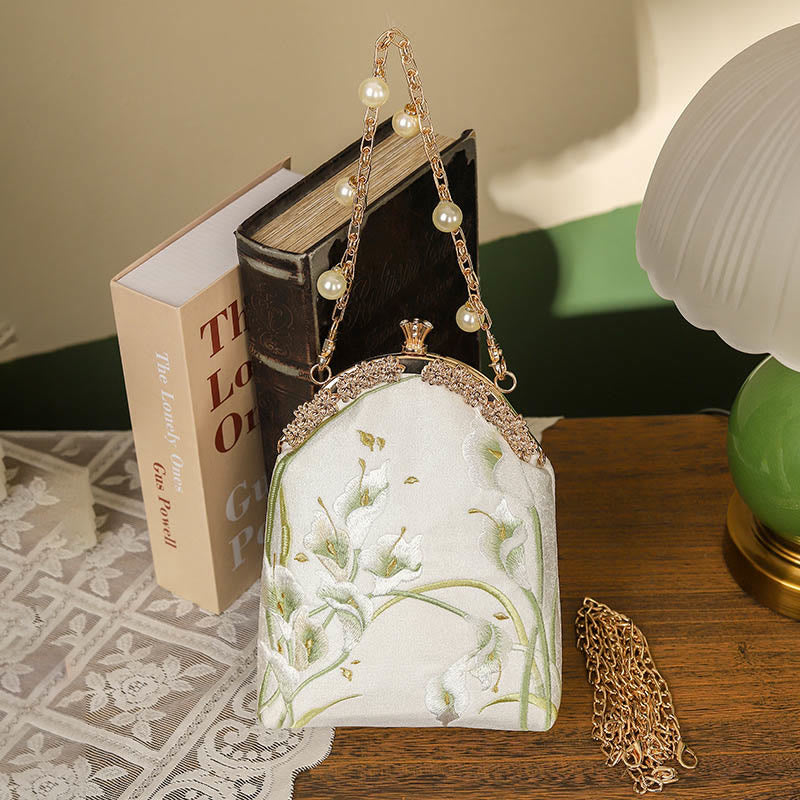 Umhängetasche mit Calla-Stickerei und Metallgriff, 15 cm