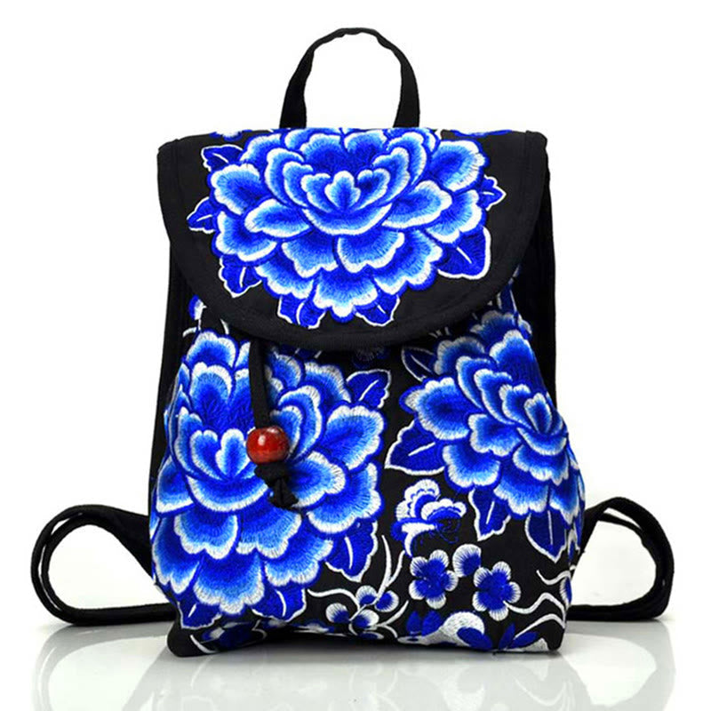Canvas-Rucksack mit Pfingstrose &amp; chinesischer Geldbaum-Stickerei – Wohlstandssymbol