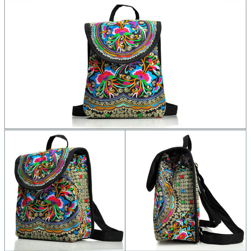 Canvas-Rucksack mit Pfingstrose &amp; chinesischer Geldbaum-Stickerei – Wohlstandssymbol