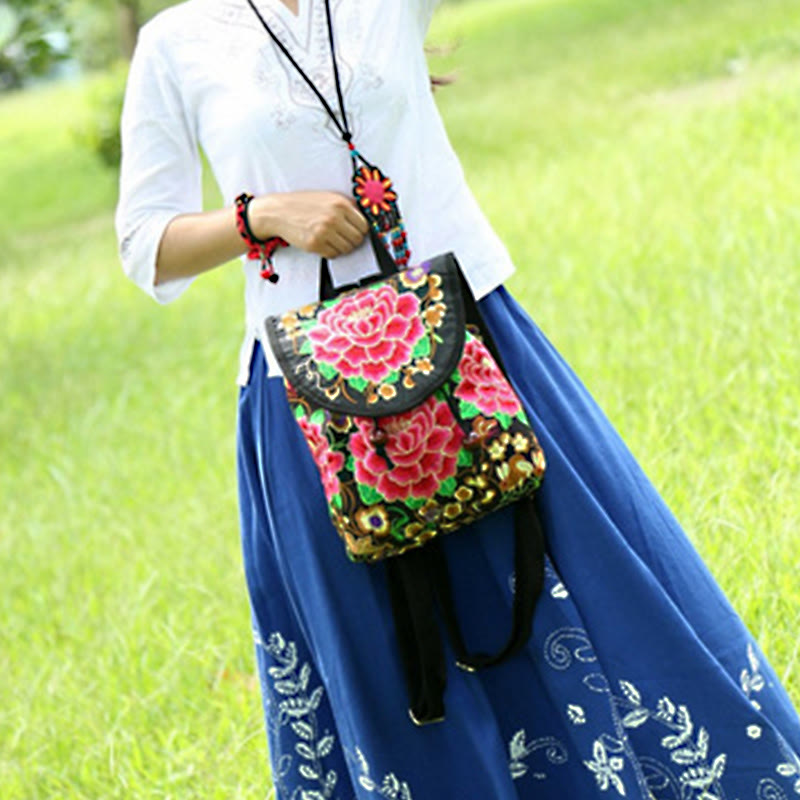 Canvas-Rucksack mit Pfingstrose &amp; chinesischer Geldbaum-Stickerei – Wohlstandssymbol