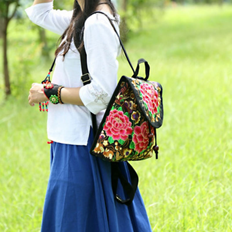Canvas-Rucksack mit Pfingstrose &amp; chinesischer Geldbaum-Stickerei – Wohlstandssymbol