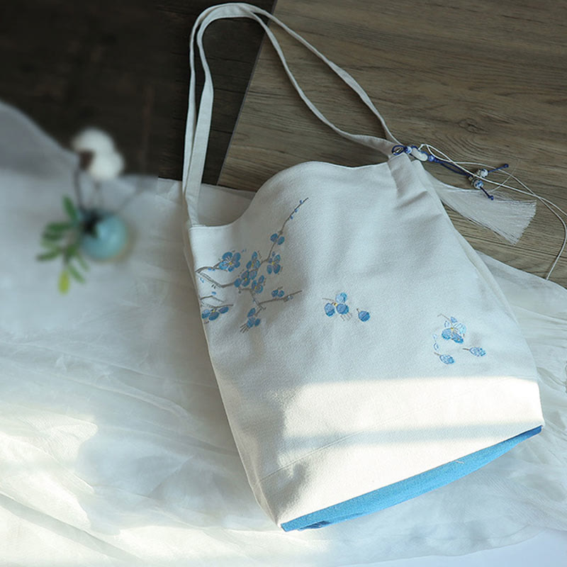 Canvas-Tragetasche mit Blumenkranich- und Pflaumenblüten-Stickerei