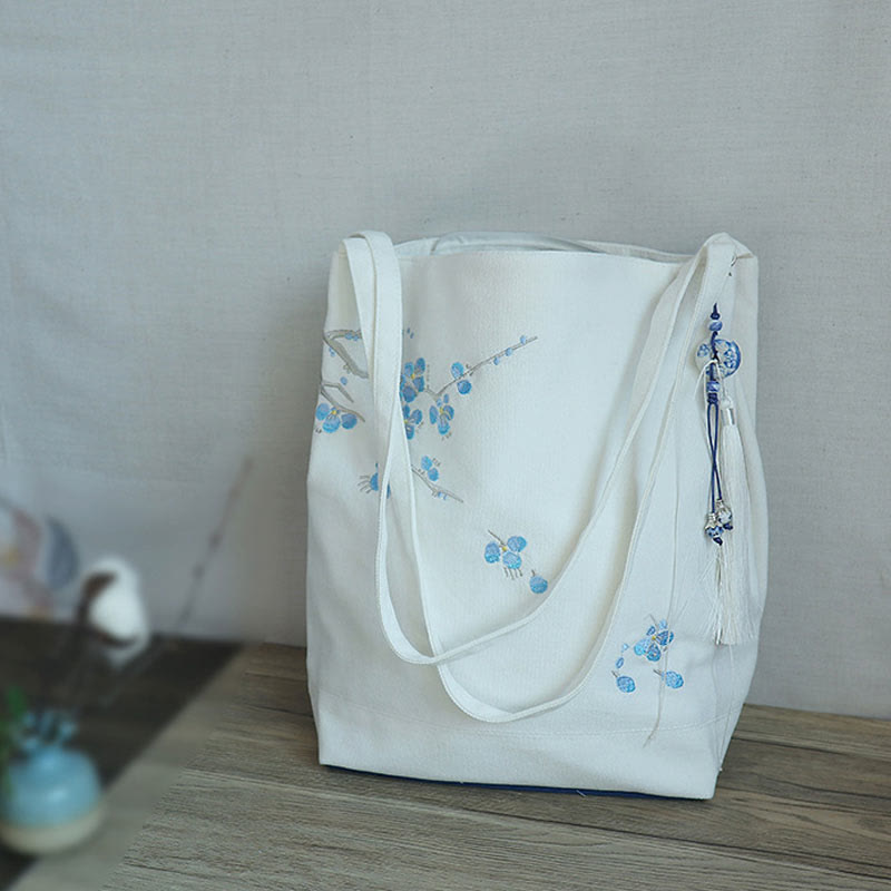 Canvas-Tragetasche mit Blumenkranich- und Pflaumenblüten-Stickerei