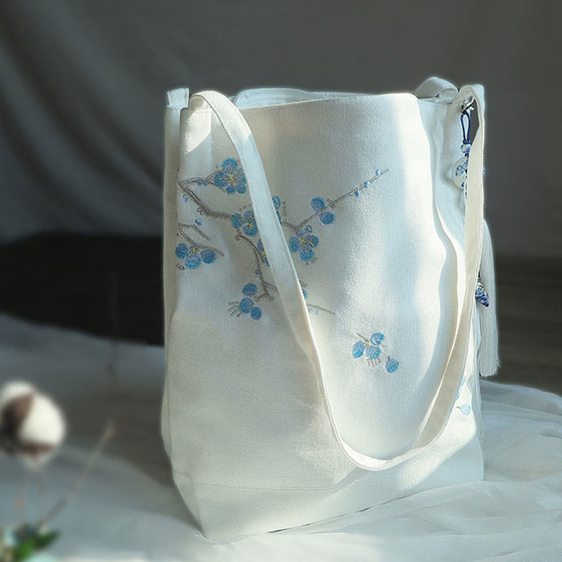 Canvas-Tragetasche mit Blumenkranich- und Pflaumenblüten-Stickerei