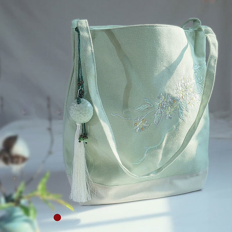 Canvas-Tragetasche mit Blumenkranich- und Pflaumenblüten-Stickerei