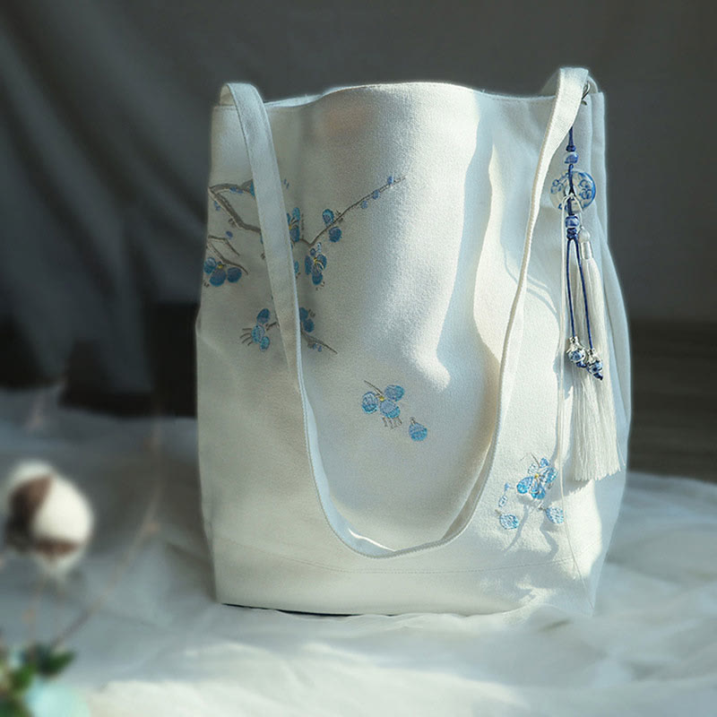 Canvas-Tragetasche mit Blumenkranich- und Pflaumenblüten-Stickerei